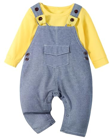 Volunboy Vestito Completi Bambino, Unisex Set di 2 Maglietta a Maniche Lunga e Salopette Dinosauro Carino Abito Neonato Tuta (Giallo, 6-9 mesi, Taglia 66)