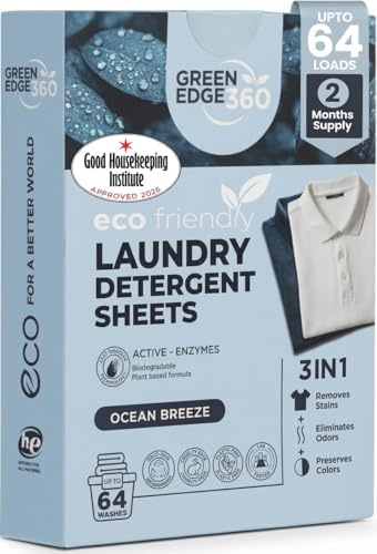 Green Edge 360 Laundry Detergent Sheets Eco-Friendly, Plant-Based Natural Washing Detergent for Up to 64 Loads Travel Friendly, Hot and Cold Washes (64 Sheets (1 Pack), Ocean Breeze)