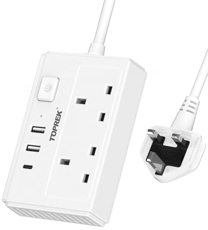TOPREK 2 Plug Extension Lead with USB C Slots, 1.5m Cord/2USB-A + 1USB-C | Slim Flat Plug (0.57inch), Extension Cable with Switch & 8-Safety Protections for Home/Office/Travel