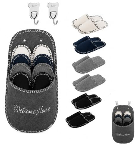 Kisstta 6 par gästtofflor, set, med krokar för män, kvinnor och barn, halkfria, unisex, högkvalitativ filt, gästtofflor, gästtofflor, filttofflor för hem, resor och hotell, Flerfärgad 1, Large