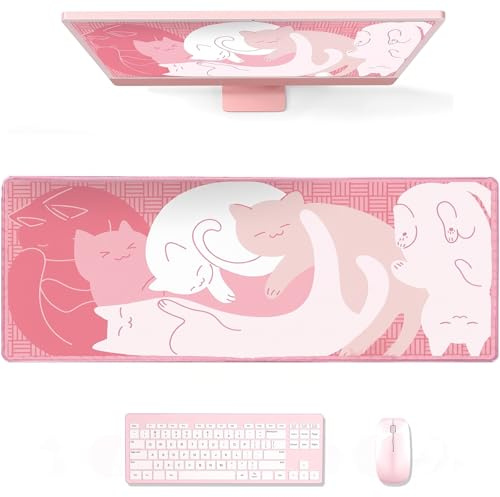 Vesavifaka Desk Mat, Gaming Mouse Pad, XXL Mouse Pad 800 x 300 mm Desk Mat, Large Cute Desk Pad with Non-Slip Rubber Base and Stitched Edges for Home Office (Pink Cat)