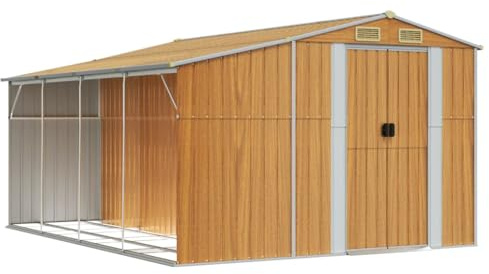 Casetta da giardino per esterni, 277 x 365,5 x 179 cm, in acciaio zincato marrone chiaro, capannone di stoccaggio in metallo con supporto per legna da ardere, porta con maniglie e 4 prese d'aria
