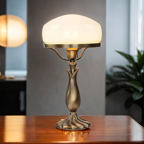 Licht-Erlebnisse Tischleuchte Echt-Messing Glas Bronze hell glänzend Weiß Wohnzimmer H:40,5 cm E27 max. 60 W Pilz Jugendstil Tischlampe Schlafzimmer