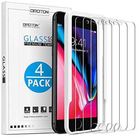 OMOTON [4 Stück] Schutzfolie kompatible mit iPhone 8 Plus und iPhone 7 Plus,mit Schablone,9H Härte, Anti-Kratzen, Anti-Öl, Anti-Bläschen, 2.5D