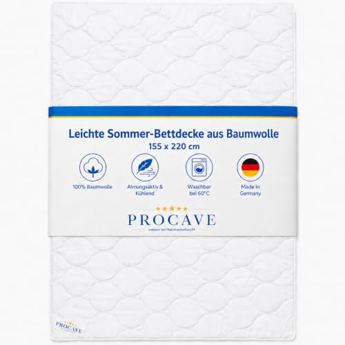 PROCAVE Baumwolle Komfort Qualitäts-Bettdecke für den Sommer 155x220cm, leichte Baumwolldecke, waschbar, aus der Natur, atmungsaktiv & wärmeausgleichend, 100% aus Deutschland