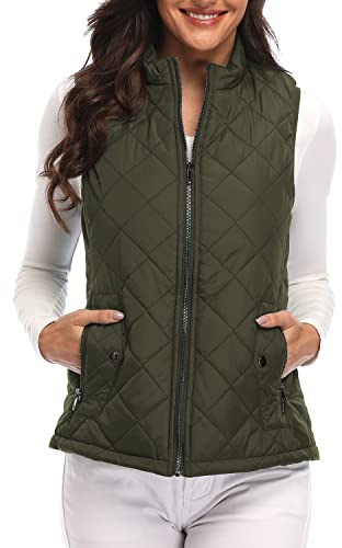 Argstar Chaleco acolchado ligero con bolsillos con cremallera para mujer (XS-2XL), Verde militar, S