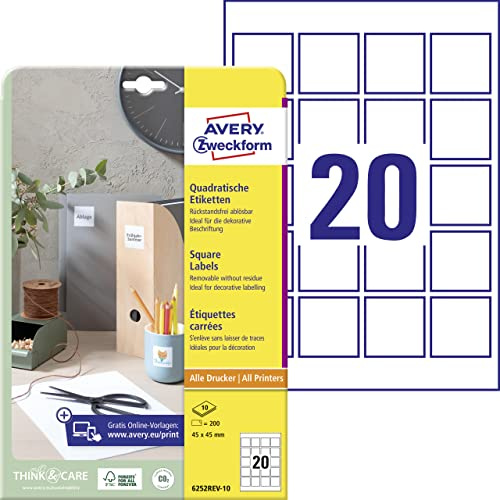 AVERY Zweckform 6252REV-10 Étiquettes Carrées (200 Étiquettes Autocollantes 45 x 45 mm sur A4, QR cCode Autocollant pour Imprimer, Amovible sans Laisser de Traces), 10 Feuilles, Blanc