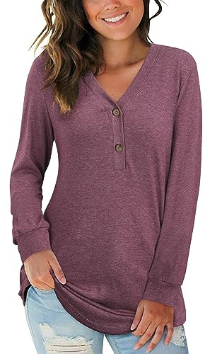 AUSELILY Manica Lunga con Scollo a V Pulsante Donna Top Henley Camicetta Causale Allentato Maglietta(Malva,XL)
