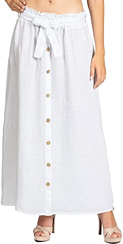 Caspar RO032 Langer Maxi Sommer Leinenrock mit Holzknöpfe Dekor, Farbe:Weiss, Größe:40