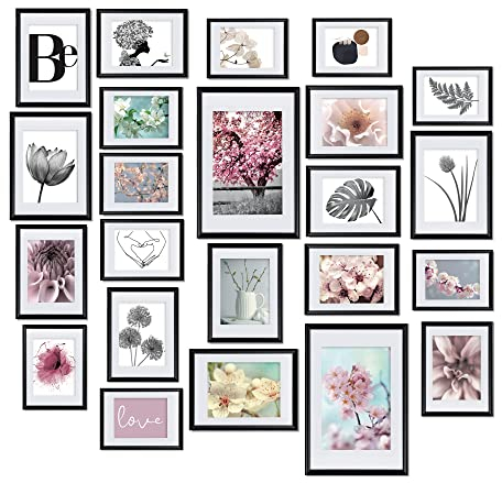 BOMOE Blossom Bilderrahmen, 24-teilig, 10 x 10 x 15 cm, 8 x 13 x 18 cm, 4 x 15 x 20 cm, 2 x 20 x 30 cm, für Fotocollagen – Bilderrahmen mit Passepartout – Wanddekoration aus synthetischem Material