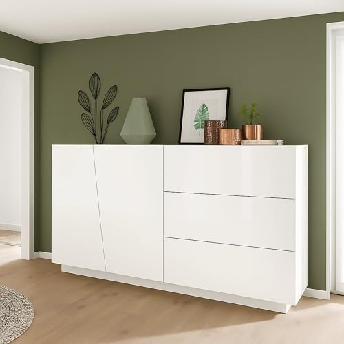 Dmora - Kommode Italo, Küchen-Sideboard mit 2 Türen und 3 Schubladen, Wohnzimmer-Buffet, 100 % Made in Italy, 141 x 43 x 86 cm, glänzendes Weiß,