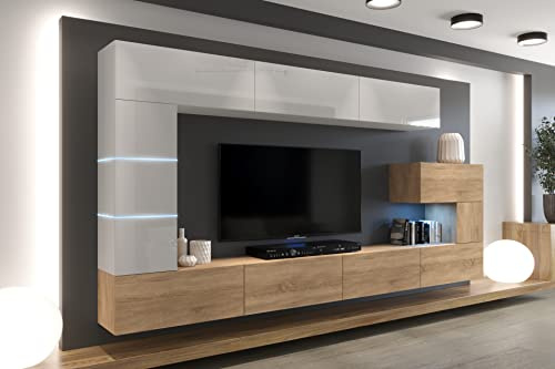 Ensemble Meuble TV Mural Suspendu Salon – Meuble Salon Design Moderne avec colonnes, vitrines et rangements – Mobilier avec éclairage LED Bleu (AN89NEW-21WS-HGM21)