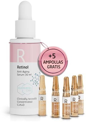 Elemental Care Skincare Kit Viso con Siero Retinolo Alto Dosaggio 30ml + Fiale al Retinolo 5x1,3ml - Riduce le Rughe del 64% in 3 mesi - Siero Viso Antirughe e Contorno Occhi Effetto Istantaneo