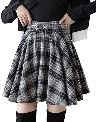 Women's Wool Plaid Skirt High Waisted A Line Lace Up Pleated Mini Skirt (Grey, M)