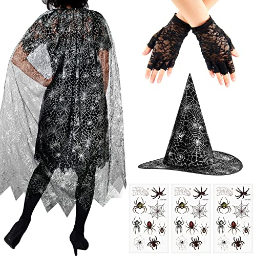 SATINIOR Halloween Damen Hexen Kostüme Spinnen Kostüm Pinnenumhang für Erwachsene Frauen Netz Umhang und Hut Fingerlose Spitzenhandschuhe Spinnen Tattoos Party Verkleidung Outfits