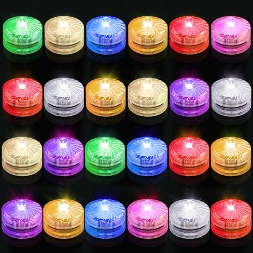Mini Unterwasser Licht, RGB Wasserdichte LED Teelichter, Batteriebetriebenes Flammenloses Wasserdichte Poollicht für Vase, Garten,Hochzeitsdekoration, Party, Aquarien, Schwimmbäder, 24 Stück