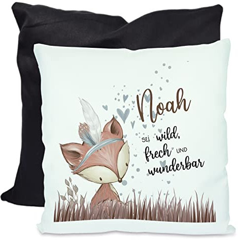 CreaDesign, Kinder Kissen 40x40 cm personalisiert mit Namen, Kinderzimmer Deko Kissen Kinder mit Füllung Federn, Motiv Fuchs Indianer, Rückenfarbe Schwarz