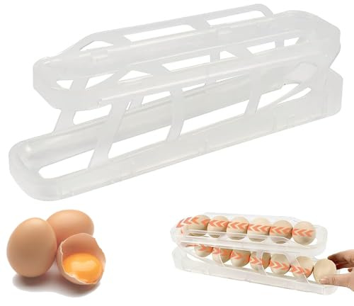 Hueveras para Frigorífico, 2 niveles Dispensador de Huevos, soporte de huevos para refrigerador, contenedor de almacenamiento de huevos rodante automático (transparente)