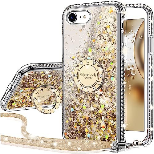 Miss Arts für iPhone SE 2022/SE 2020/7/8 Hülle, Glitzer Handyhülle mit Ring | Gold,mit Band,Silikon Flüssigkeit Clear Case, Treibsand Schutzhülle für Mädchen