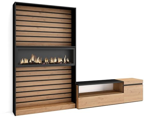 Skraut Home | Wohnwand Wohnzimmer | Wohnzimmermöbel, Möbelset | 260x186x35cm | Für TV-Geräte bis zu 65 | Elektrokamin | Moderner Stil | Eiche Schwarz