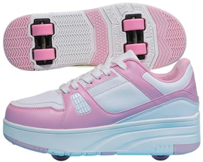 Mateju 2-in-1 Rollschuhe für Jungen und Mädchen - Kinder Turnschuhe Mit 4 Versenkbaren Rollen, Skateboardschuhe, 33 EU Rosa