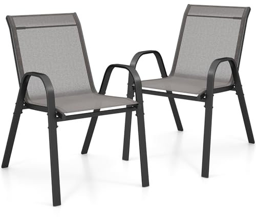 GYMAX Set di 2/4 Sedie da Giardino Impilabili con Tessuto Resistente alle Intemperie, Poltroncine da Esterno in Metallo per Giardino, Cortile, Portata 150 kg, 56 x 70 x 84 cm (Grigio, 2 Pezzi)