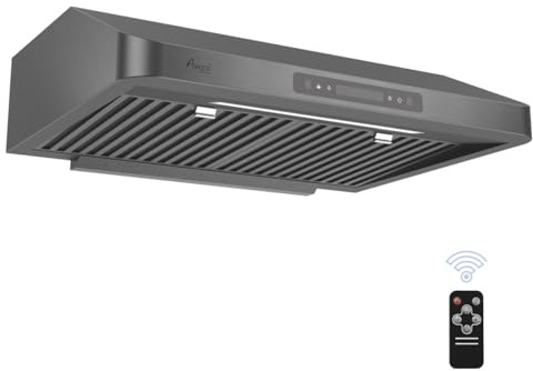 Awoco 30” Under Cabinet Range Hood 7” High Stainless Steel Black, 6 Speeds with Gesture Sensing Touch Control Panel, 900 CFM with Remote Control, 5W LED Light Bar, 3-1/4” x 10” Rectangular Top Vent