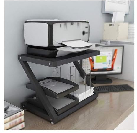 Regal für Drucker, 2-stöckiger Druckerständer, Z-förmiger Holz-Desktop-Druckertisch, Metallrahmen, Büro, Faxgerät, Scanner, Regal, Lagerregal Beistelltisch Regal für Drucker(Black)