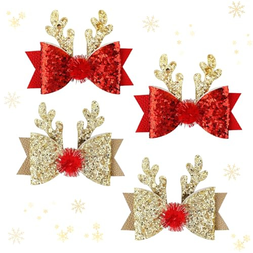 4 Stück Haarspangen Haarschmuck Weihnachten, Glitzer Fliege Haarnadeln, Gold/Rot Rentier Weihnachtshaarschmuck, Kinder Erwachsene Mädchen für Weihnachts Party Accessoires