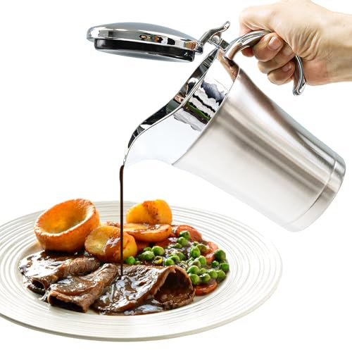 Salsiera a doppio isolamento in acciaio inossidabile, brocca per salsa con coperchio incernierato, brocca a doppia parete per salsa al caramello crema per il Ringraziamento, Halloween, Natale (750 ml)