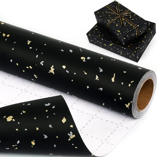 Black Wrapping Paper Roll 43cm x 10m Matte, Gold Foil Birthday Gift Wrap for Men Women, Black and Gold Gift Wrapping Paper for Birthday Wedding Anniversary Christmas Graduation All Occasions