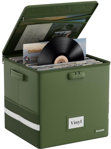 DocSafe Vinyl Record Storage Box with Lock, Fireproof＆Water Resistant Record Organizer for 100+ Single Records(12-inch), Collapsible Storage Crate with Lid&Handles for Valuable Album Collection,Green