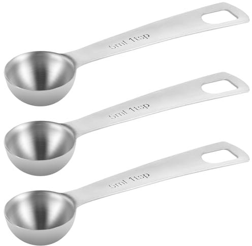 Yuanchu 3 cucharas medidoras, 1 cucharadita (5 ml, 5 cc, 1/3 cucharada), cuchara medidora de acero inoxidable, cuchara medidora plateada, diseño estrecho de mango largo para frascos de especias, café