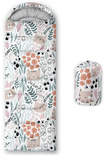 HOSIMA Sacos de dormir, saco de dormir momia para adultos, niñas, niños, impermeable, para camping, senderismo, exterior, viajes, caza, con bolsas de compresión (gato-E)