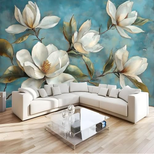 MIATCENRT Papier Peint Panoramique Peinture À L'Huile, 350X256Cm (L×H) Revêtement Mural Décoration Pour Chambre Salon, Design Moderne Magnolia Feuilles Papier Peint Tapisserie Poster Mural