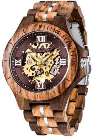 Tiong Herren Holzuhr Mechanische Skelett Automatisches Uhrwerk Holzuhren | Retro Leichte Herrenuhr mit Holz Geschenkbox, Klassische Holzuhr als Geschenk für Männer
