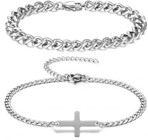 PiercingJak Kreuz Armband Herren Silber set, 2-teiliges Kettenarmband für Männer Panzerkette Kubanische Figaro Armbänder Edelstahl Armkette Charms Schmuck Geburtstag Geschenk für Papa Sohn Bruder