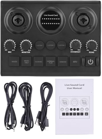 Carte Son en Direct avec Alimentation Phantom 48V, Technologie de Réduction du Bruit Avancée pour Le karaoké, Les Jeux, Le Plug et Le Jeu, Idéal pour iOS, Android, Mac, PC,