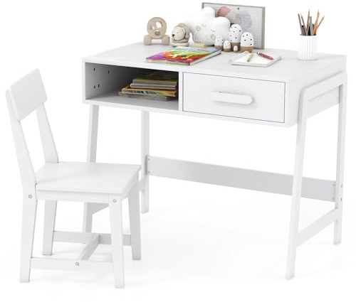 COSTWAY Skrivbord barn med stol, barnskrivbordsset av trä, ungdomsskrivbord med låda och hylla, skolskrivbord för barn från 3 år, 85 x 46 x 70 cm (vit)