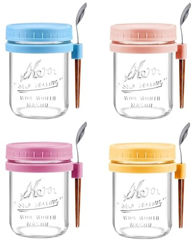 Hikrxya 4 st Overnight Oats-Glas med Lock och Skedar, 480 ml Havrebehållare Måltidsförberedelseglas Återanvändbara Glasburkar för Sallad, Chutney, Pudding, Yoghurt, Frukt, Kryddor, Bönor
