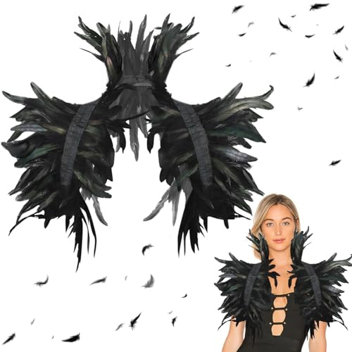 Forbabe Federkragen Schwarz, Black Swan Kostüm Damen Rabenkostüm Damen Feder Achselzucken, Raben Kostüm Gothic Federn Schulter für Karneval Maskerade Cosplay Partys Feste