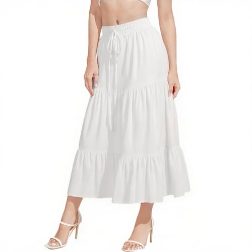 DiULi Donna Gonna Lunga Estiva, Gonna Donna Pieghettato Retro Maxi 2 in 1 Elegante Elastico Vita A-Linea Bohemien Sciolto Abiti da Spiaggia Vacanze Estate Casual, Bianco-L