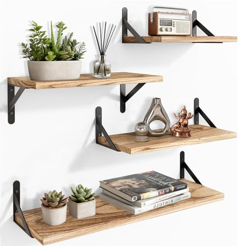 TempFoo Floating Shelves for Wall Mounted Shelf, Kitchen Bedroom 4 Wooden Rustic Shelfs for Walls, Long Wood Shelving Display Book Picture Small Trinket, Room Living Room Office Bathroom Décor