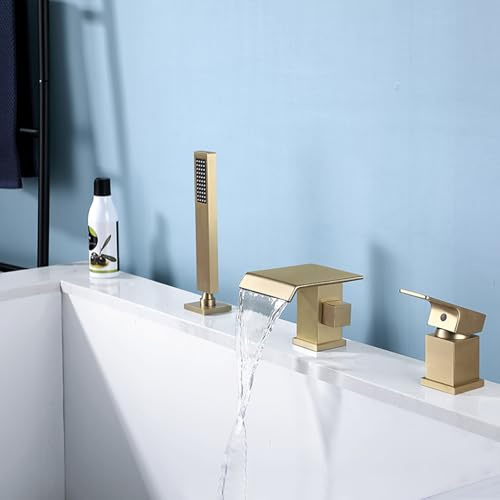 Robinet Baignoire Cascade 3 Trous Monocommande Mitigeur Sur Gorge Baignoire avec Douchette,Or Brossé