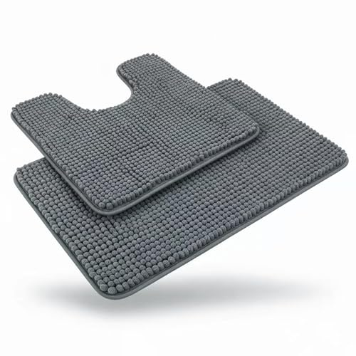 Linruione Badteppich Set 2 Teilig, Weich Chenille Badematte Grau 1400g/m² Badvorleger rutschfest Waschbar Badezimmerteppich 50x80cm und WC Vorleger mit Ausschnitt 50x50cm
