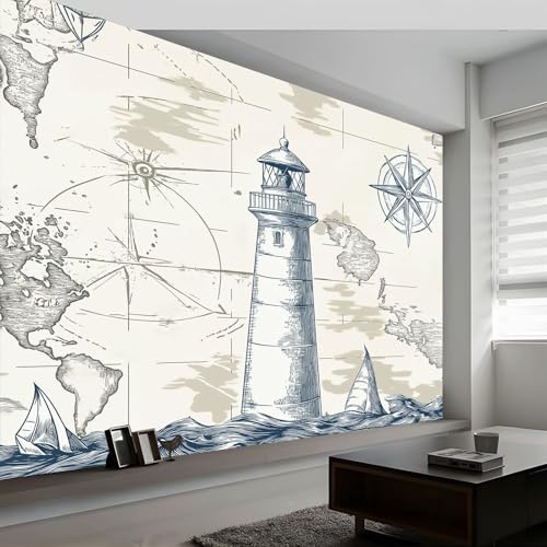 Wallpaper Nautical Theme Murals 250W x 175H cm Photo Poster, Retro Lighthouse Map Wall Mural Photo Wallpaper - Wall Art for Living Room Bedroom Children's Room Corridor