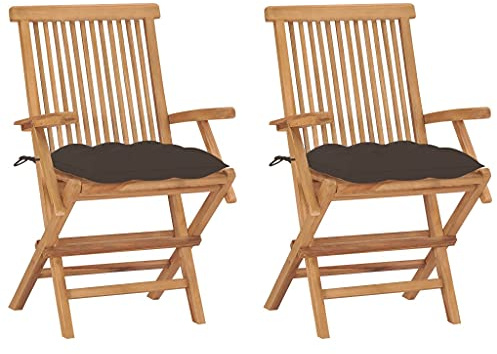 IBUQDDV 2 Stück Gartenstühle aus Massivholz Teak mit Taupe Kissen, Klappbare Stühle für Terrasse und Garten, Wetterbeständige Holzstühle mit Polsterung für Komfort, Leicht