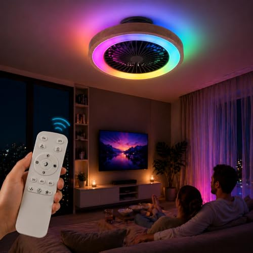 Epochglo Ventilador de Techo Madera Sin Aspas con Luz RGB, Motor DC Silencioso, Mando a Distancia, 6 Velocidades, LED 40W Regulable, Modo Verano/Invierno, para Infantil/Dormitorio/Habitación Pequeña