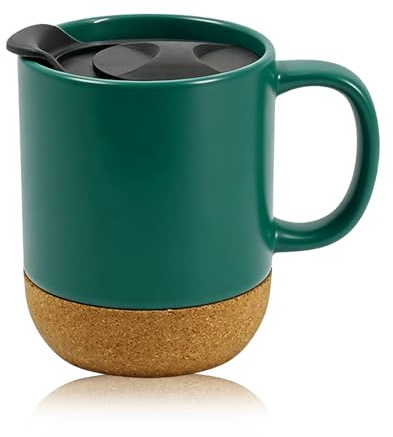 Eidoct Travel Ceramic Cup with Handle, Ceramic Coffee Mug 400ML | Removable Lockable Lid with Sliding Sip Hole, Heatproof Cork Base Design, Travel Coffee Mug (Green)