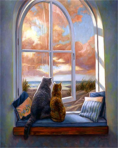 YEESAM ART DIY Ölgemälde Malen nach Zahlen Erwachsene Kinder, Liebe Katzen Rosa Wolken Himmel Zahlenmalerei ab 5 Öl Wandkunst (Rosa, mit Rahmen)